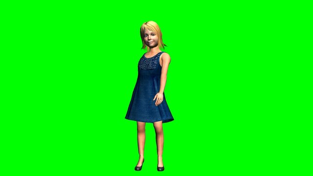 Blonde haired animated little girl standing on a green screen