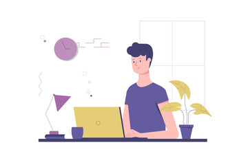 Fototapeta na wymiar Illustration of a man sitting at the table and working remotely or as freelancer or in the office. Flat vector design for banner, flyer or landing page.