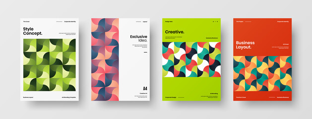 Fototapeta premium Company identity brochure template collection. Business presentation vector A4 vertical orientation front page mock up set. Corporate report cover abstract geometric illustration design layout bundle.