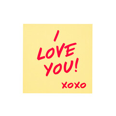 Hand written I love you note with hugs and kisses symbol on yellow sticky paper
