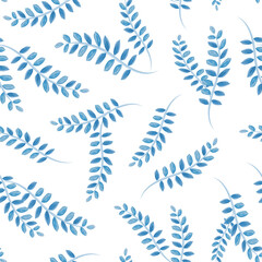 Blue plant seamless pattern. Watercolor leafs on white isolated background. Decorative elegant artistic rustic texture.