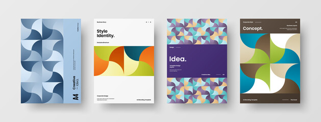Fototapeta premium Company identity brochure template collection. Business presentation vector A4 vertical orientation front page mock up set. Corporate report cover abstract geometric illustration design layout bundle.