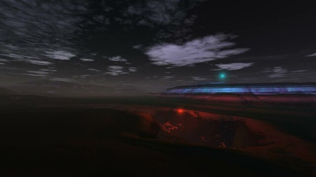 Mysterious Lights (UFO) over the Earth. Bright balls of light fly over the night surface and disappear beyond the horizon and in the earth's crevice. The sun rises quickly, white clouds float.
