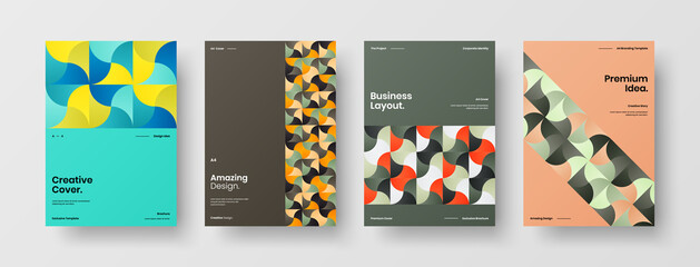 Fototapeta premium Company identity brochure template collection. Business presentation vector A4 vertical orientation front page mock up set. Corporate report cover abstract geometric illustration design layout bundle.