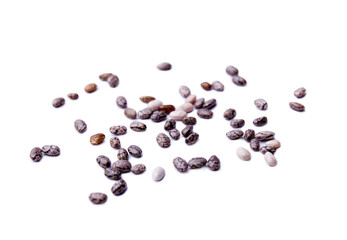 Closeup view of chia seeds isolated on white background. Healthy food concept, macro view