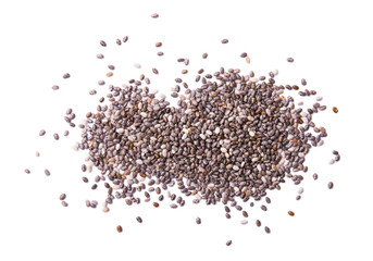 Heap of chia seeds isolated on white background.  Top view of  of modern superfood. Healthy food concept