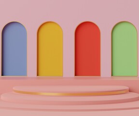 3d geometric forms. Cylinder podium in coral pink color. Fashion show stage,pedestal, shopfront with colorful theme. Minimal scene for  product display.