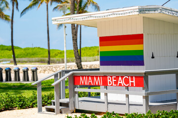 Miami Beach lifeguard tower with rainbow flag gay pride