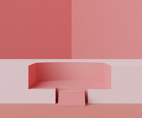 3d geometric forms. Cylinder podium in coral pink color. Fashion show stage,pedestal, shopfront with colorful theme. Minimal scene for  product display.