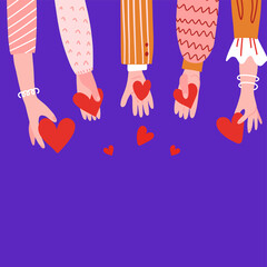 Concept of charity and donation. Give and share your love to people. Hands holding a heart symbol and gining them to us. Flat hand drawn vector illustration.