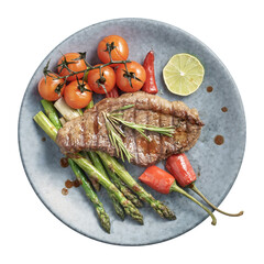 Grilled beef steak with asparagus and cherry tomato on plate isolated on white, top view