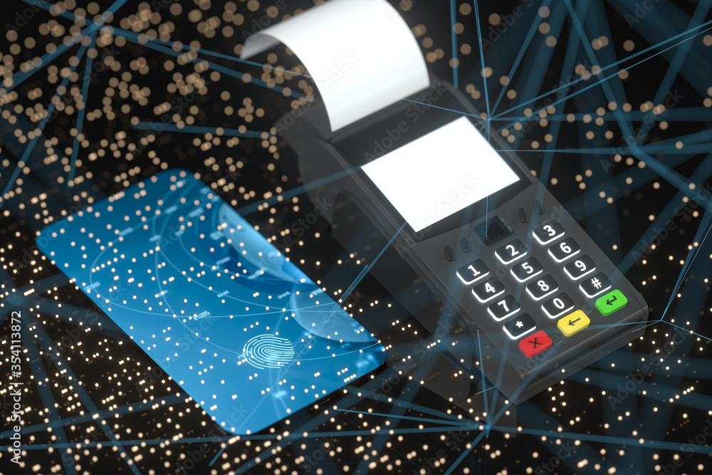 Poster pos machine and mobile phone with fingerprint identification, 3d rendering.
