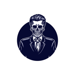 Skeleton in suit, hand drawn line with digital color, vector illustration