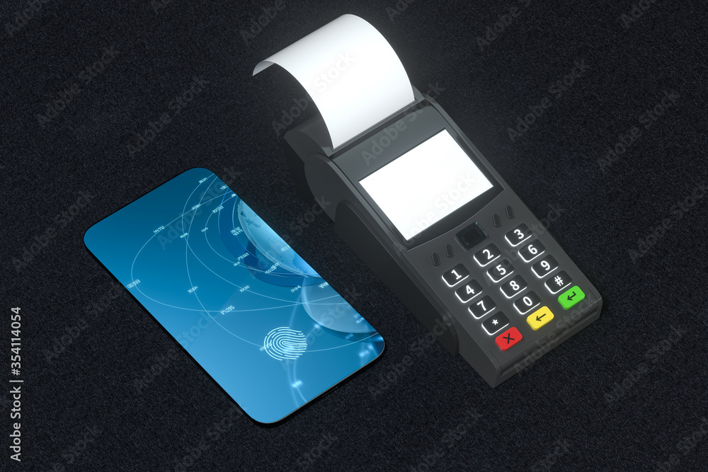 Poster pos machine and mobile phone with fingerprint identification, 3d rendering.