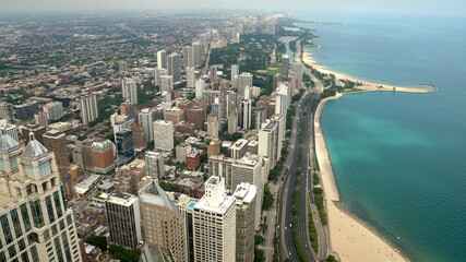 Chicago cityscape skyline aerial view by Lake Michigan water