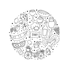 Set with Italian attributes. Individual elements of romantic Italy. Design of postcards, invitation cards, posters, stickers, clothing, fabrics. Vector encoded illustration with Italian design element