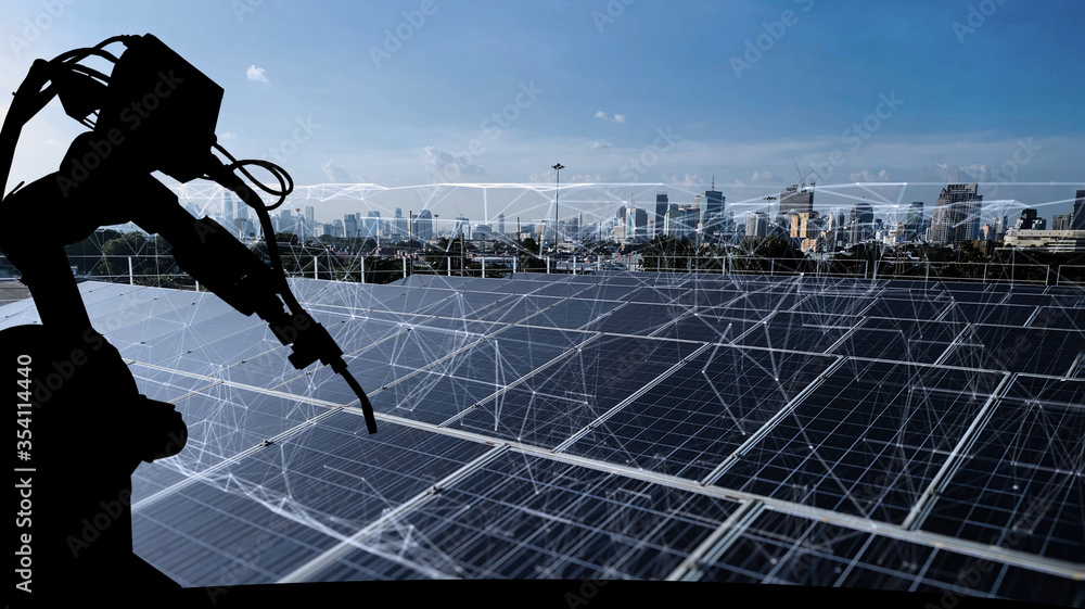Poster Silhouette of modern automation robot arms with Ai assistant technology network concept and renewable power city building background.