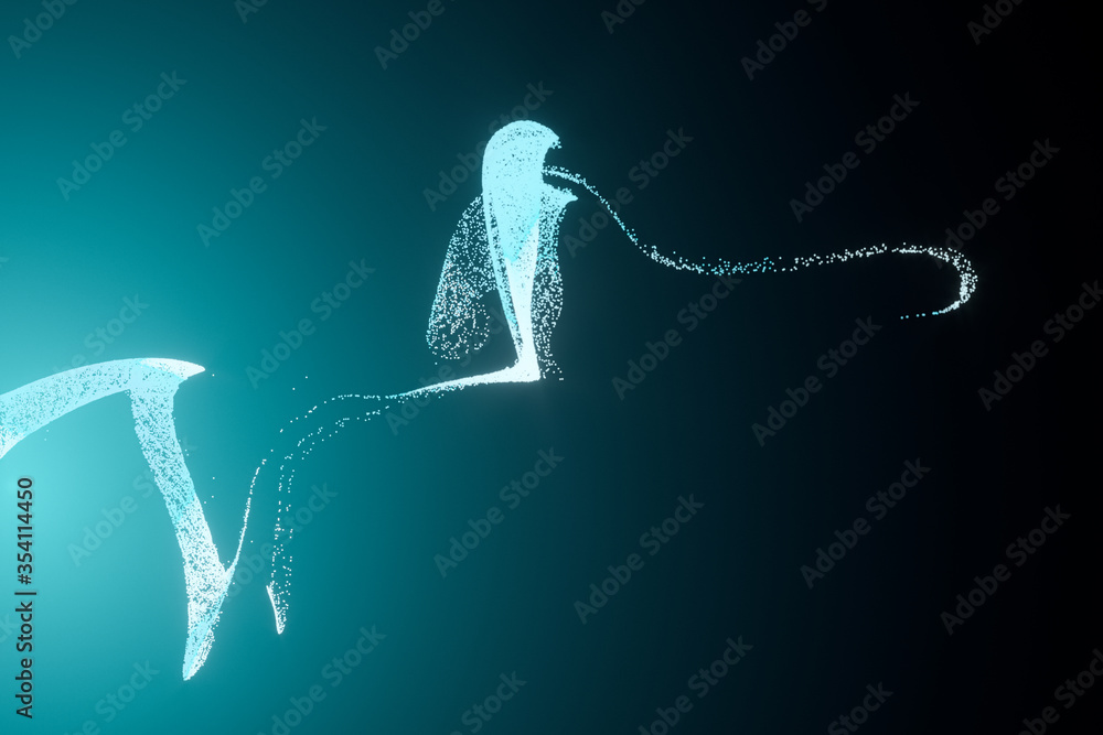 Poster glowing motion particles with gradient green background, 3d rendering.