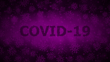 Background with viruses and inscription COVID-19 in dark purple colors. Illustration on the coronavirus pandemic.