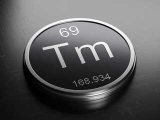 Thullium element from periodic table on futuristic round shiny metallic icon 3D render	