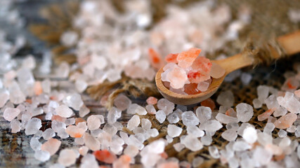 Pink Himalayan salt. Healthy diet concept. Selective focus. Macro.