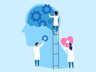 Mental health ,brain development  medical treatment concept, doctors  work together to set up heart and gear to brain, setting good mindset and attitude on gear   background , vector  illustration