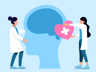 Mental health ,brain development  medical treatment concept, doctors  work together to set up heart to brain of human head, setting  good mindset and attitude on blue   background , vector  illustrati