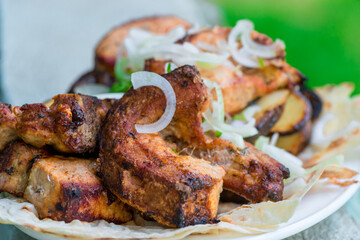 Grilled pork chunks with onions close-up