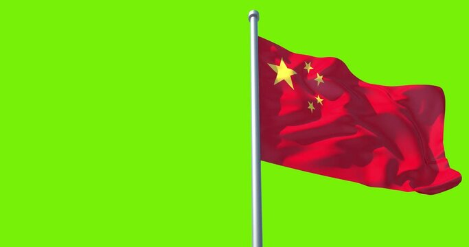 China flag on flagpole on green background. China Flag in Slow Motion.  The People's Republic of China (PRC) flag waving in wind. Great for History, presentation with texts and corporate projects.
