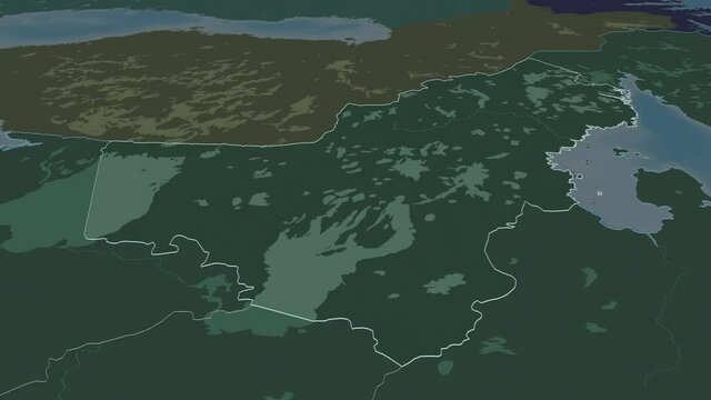 Karelia, republic with its capital, zoomed and extruded on the administrative map of Russia in the conformal Stereographic projection. Animation 3D