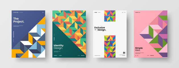 Company identity brochure template collection. Business presentation vector A4 vertical orientation front page mock up set. Corporate report cover abstract geometric illustration design layout bundle.