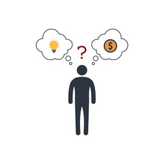 person before a choice. idea or money. bulb light VS dollar coin. vector concept symbol