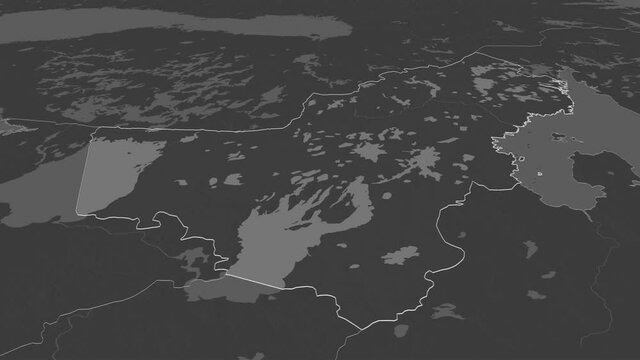 Karelia, republic with its capital, zoomed and extruded on the bilevel map of Russia in the conformal Stereographic projection. Animation 3D