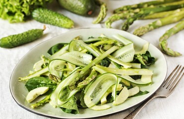 salad of asparagus and cucumber shavings and spinach, thin slices of vegetables with olive oil