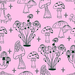 Beautiful hand drawn line mushroom seamless pattern. Floral, ornate, decorative, tribal, forest vector design elements.