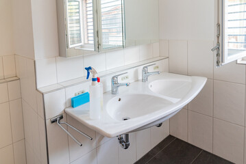 clean and bright modern bathroom with cleaning supplies on the sink