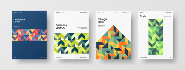 Fototapeta premium Company identity brochure template collection. Business presentation vector A4 vertical orientation front page mock up set. Corporate report cover abstract geometric illustration design layout bundle.