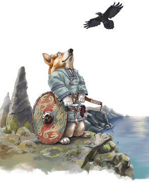 Detailed illustration of corgi the dog on the sea cliff. It wearing a traditional viking clothing and holding a battle axe.