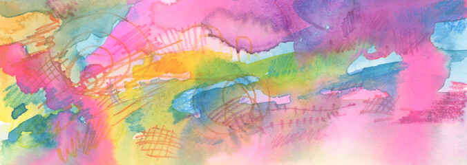 Abstract watercolor and pencil smear blot painting. Color long horizontal texture background.