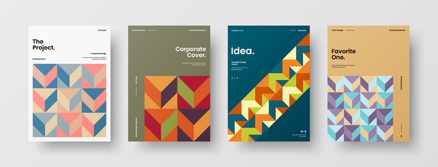 Obraz premium Company identity brochure template collection. Business presentation vector A4 vertical orientation front page mock up set. Corporate report cover abstract geometric illustration design layout bundle.