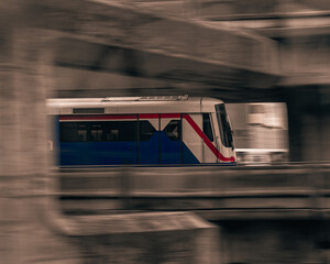 Bangkok BTS skytrain is the most convenient mass transportation in thailand,panning shot.