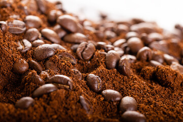 Coffee Beans and Grounds Close up. Background.