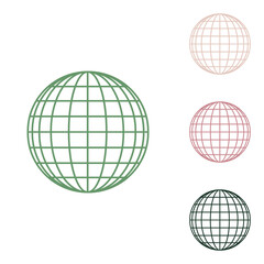 Earth Globe sign. Russian green icon with small jungle green, puce and desert sand ones on white background. Illustration.