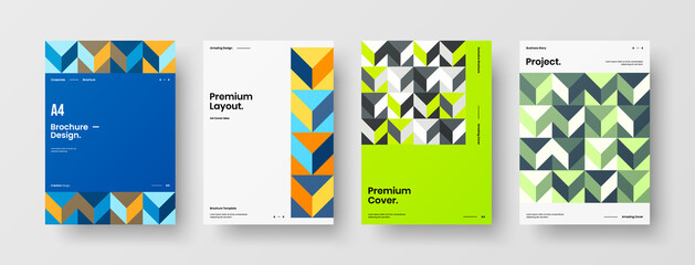 Fototapeta premium Company identity brochure template collection. Business presentation vector A4 vertical orientation front page mock up set. Corporate report cover abstract geometric illustration design layout bundle.