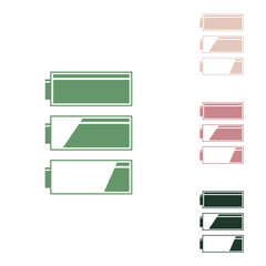Fototapeta premium Set of battery charge level indicators. Russian green icon with small jungle green, puce and desert sand ones on white background. Illustration.