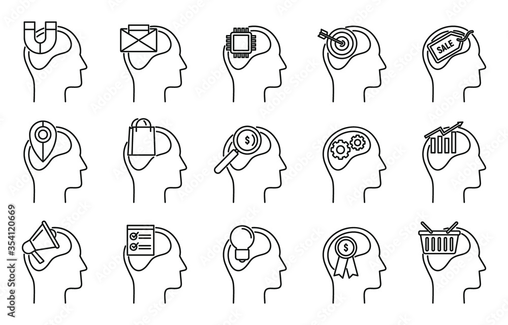 Poster emotional neuromarketing icons set. outline set of emotional neuromarketing vector icons for web des