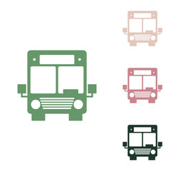 Bus sign illustration. Russian green icon with small jungle green, puce and desert sand ones on white background. Illustration.