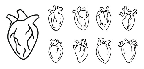 Biology human heart icons set. Outline set of biology human heart vector icons for web design isolated on white background