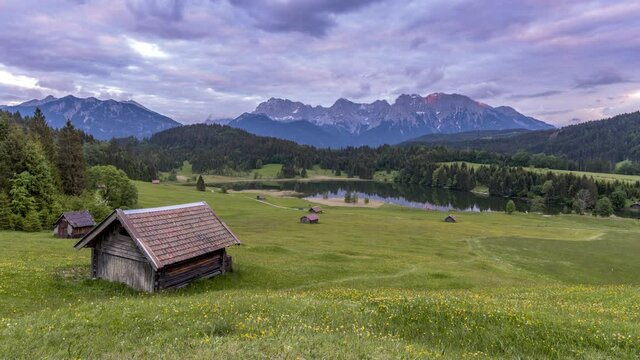 Gerold Lake, Kr&uuml;n, Garmisch-Partenkirchen district, Upper Bavaria, Bavaria, Germany.  Time lapse footage at sunset.