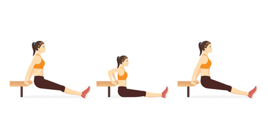 Sport woman doing fitness with Bench dip with legs straight and rest her heel on the floor. Very challenging training with a chair.